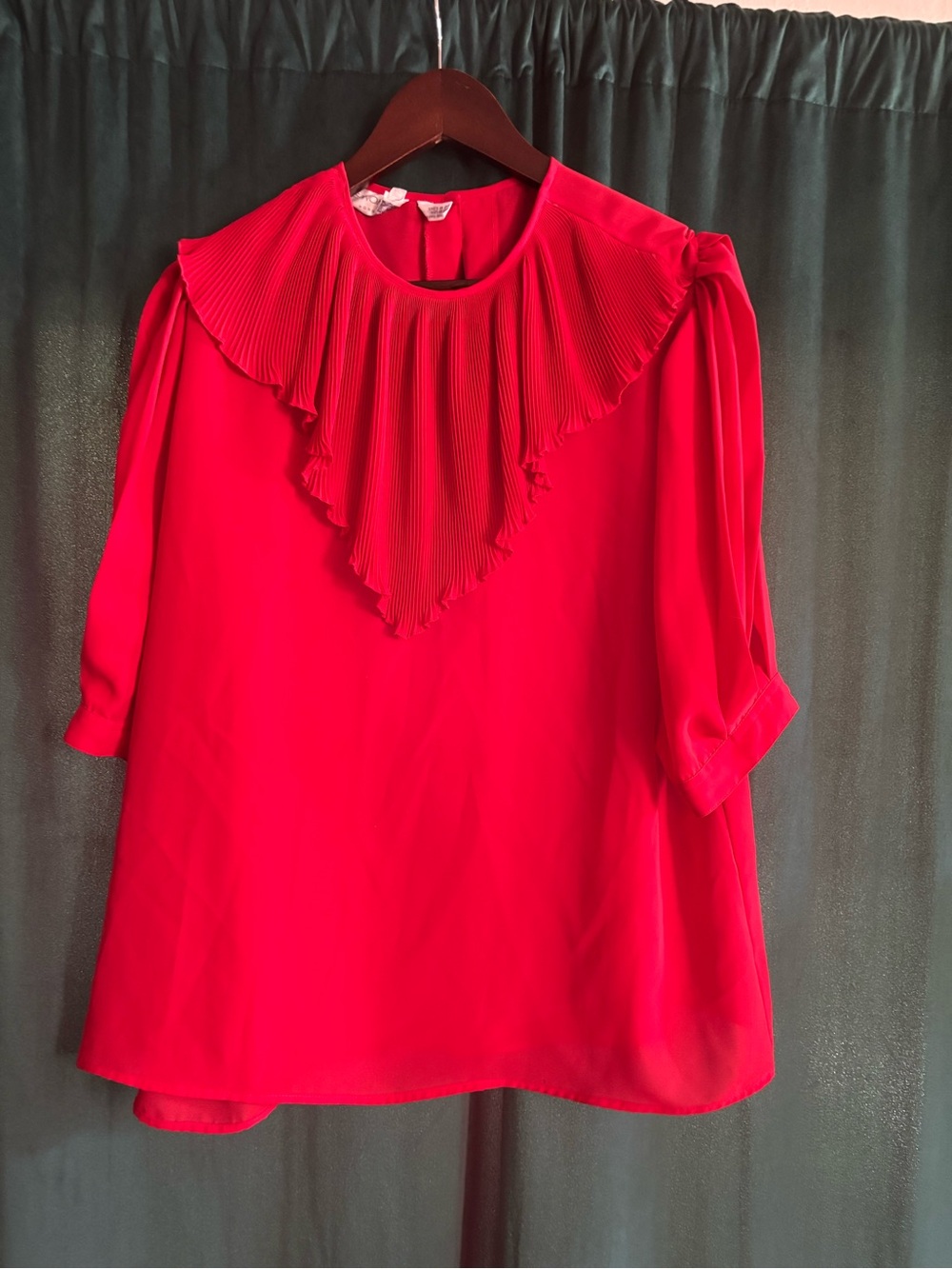 Chaus Red Pleated Ruffle Neck Blouse